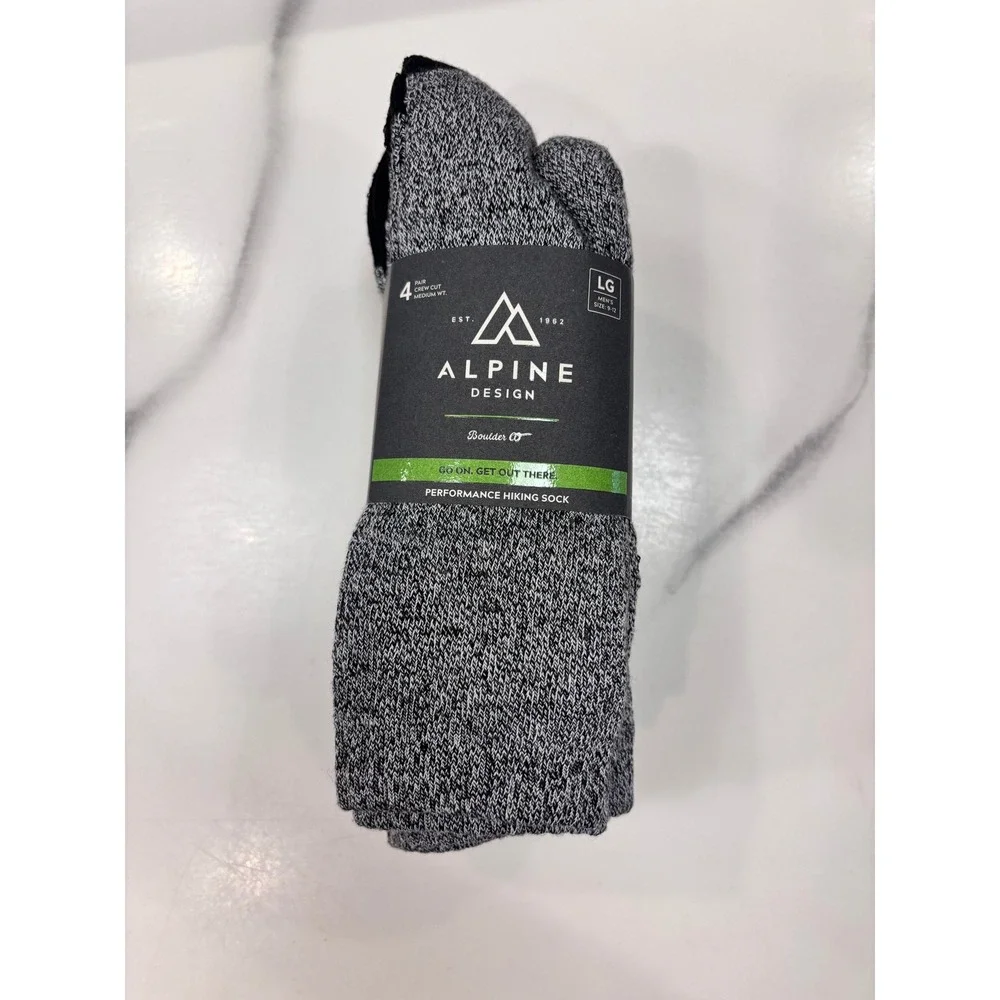 Alpine Design Mens 4 Pack Performance Hiking Socks Grey Black Crew Size L 9-12